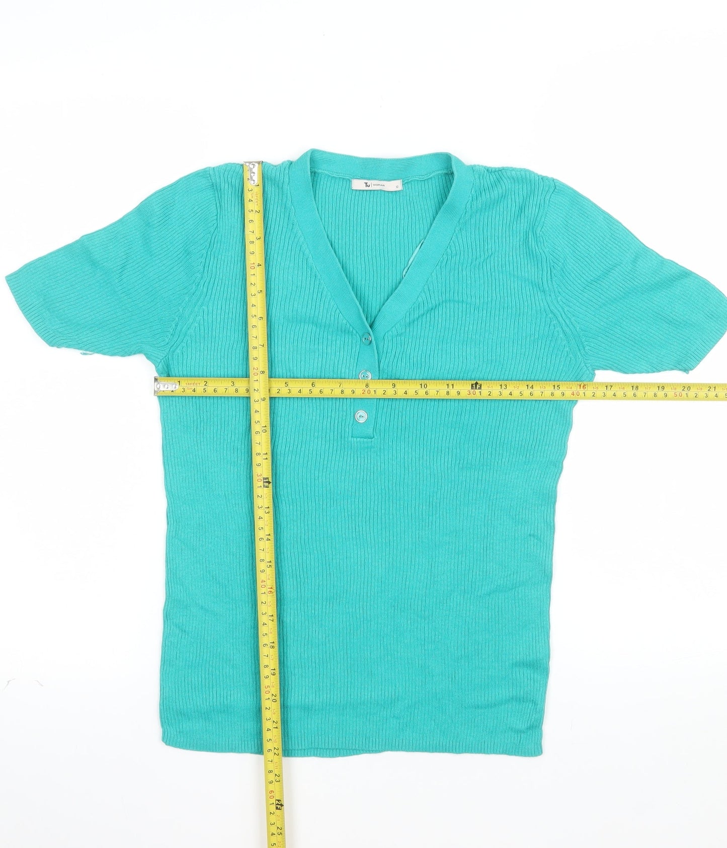 Tu Women Green Size 12 Cotton V-Neck Henley Short Sleeve Jumper