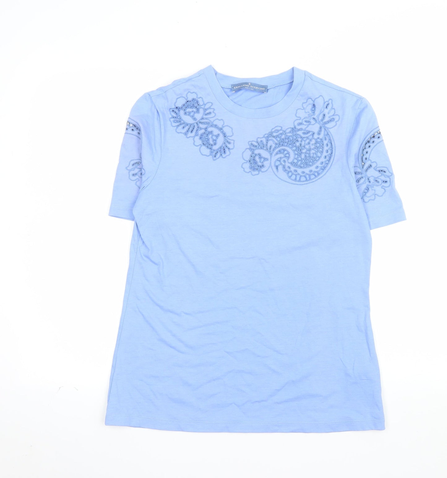 Ermanno Scervino Women Blue Embroidered Cotton T-Shirt UK 14