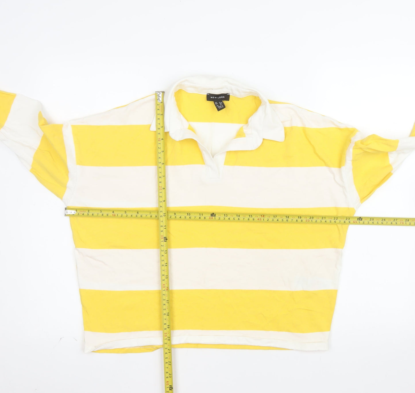 New Look Women's Yellow White Striped Long Sleeve Polo Top UK 12
