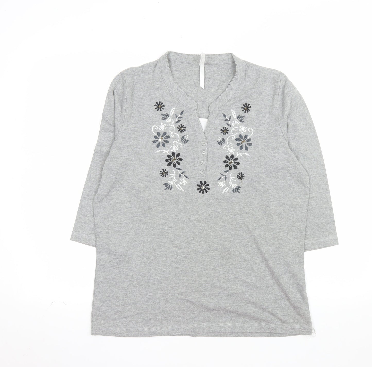 Bm Womens Grey Embroidered 3/4 Sleeve Henley Top Size M
