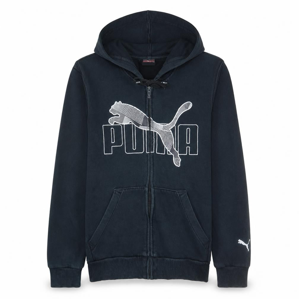 Front view of Puma men’s black full zip hoodie, size S, hooded fleece sweatshirt