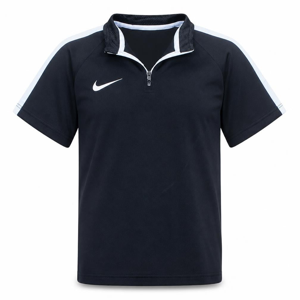 Front view of Nike boys’ black dri-fit 1/4 zip short sleeve sports top, size 12-13, years