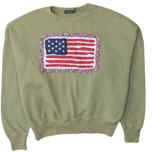 Polo Ralph Lauren Womens Khaki Green XS Pullover Sweatshirt American Flag