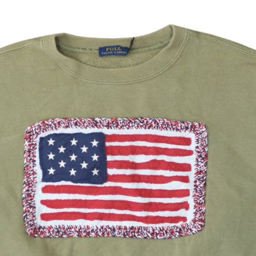 Polo Ralph Lauren Womens Khaki Green XS Pullover Sweatshirt American Flag