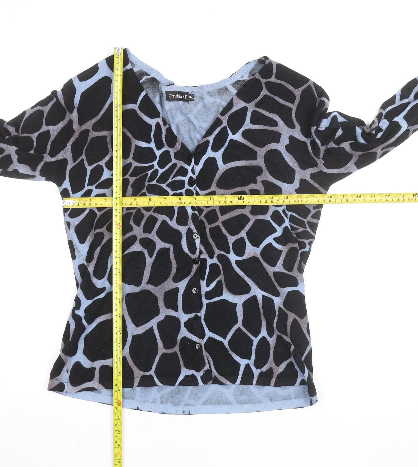 Christina NF Women's Blue Animal Print V-Neck Long Sleeve Cardigan Size M