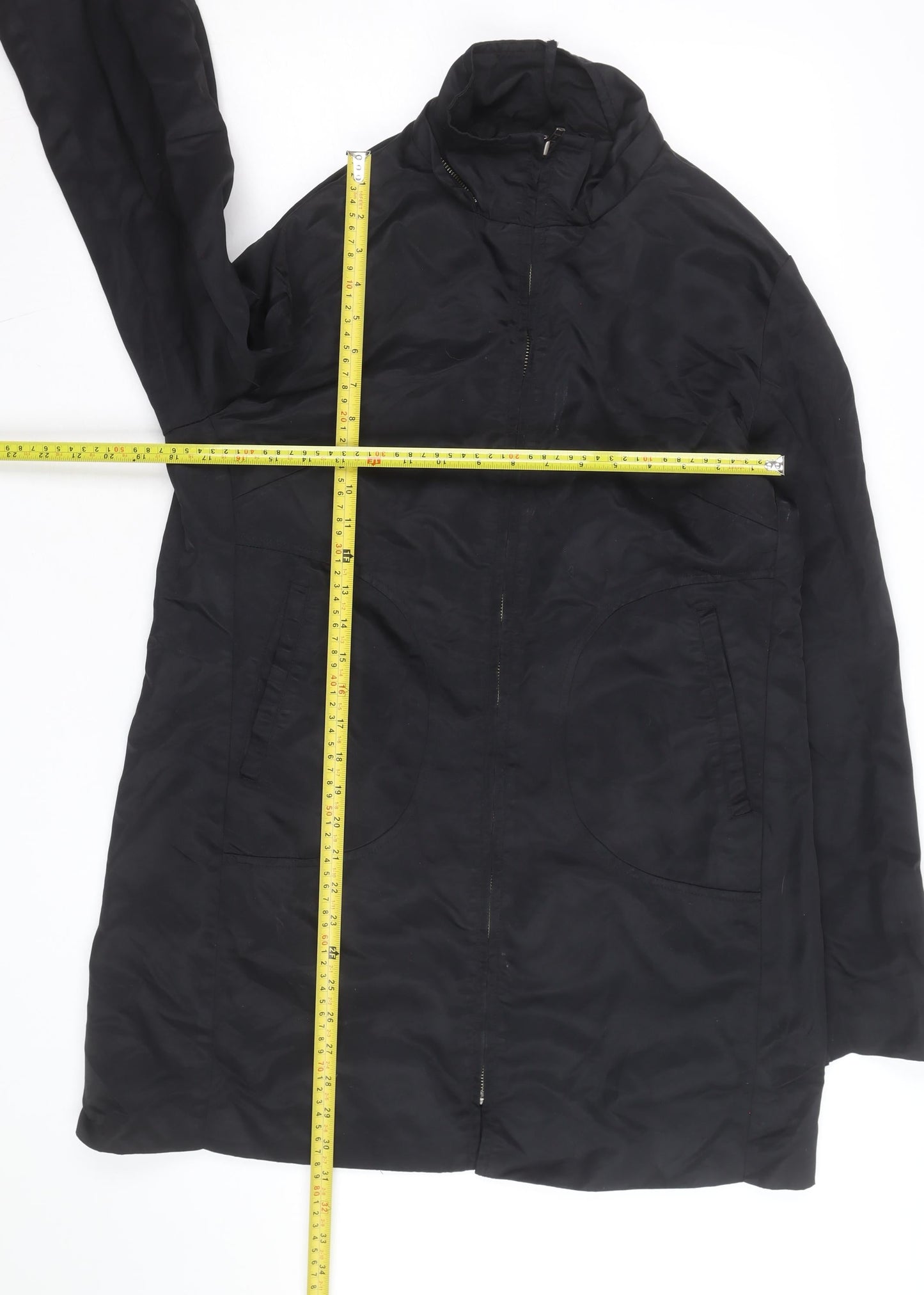 MOTTO Womens Black Long Rain Coat Size 14 Water Resistant Zip Jacket
