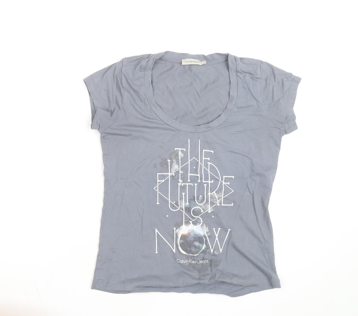 Calvin Klein Jeans Women's Grey Scoop Neck Cotton T-Shirt Size S