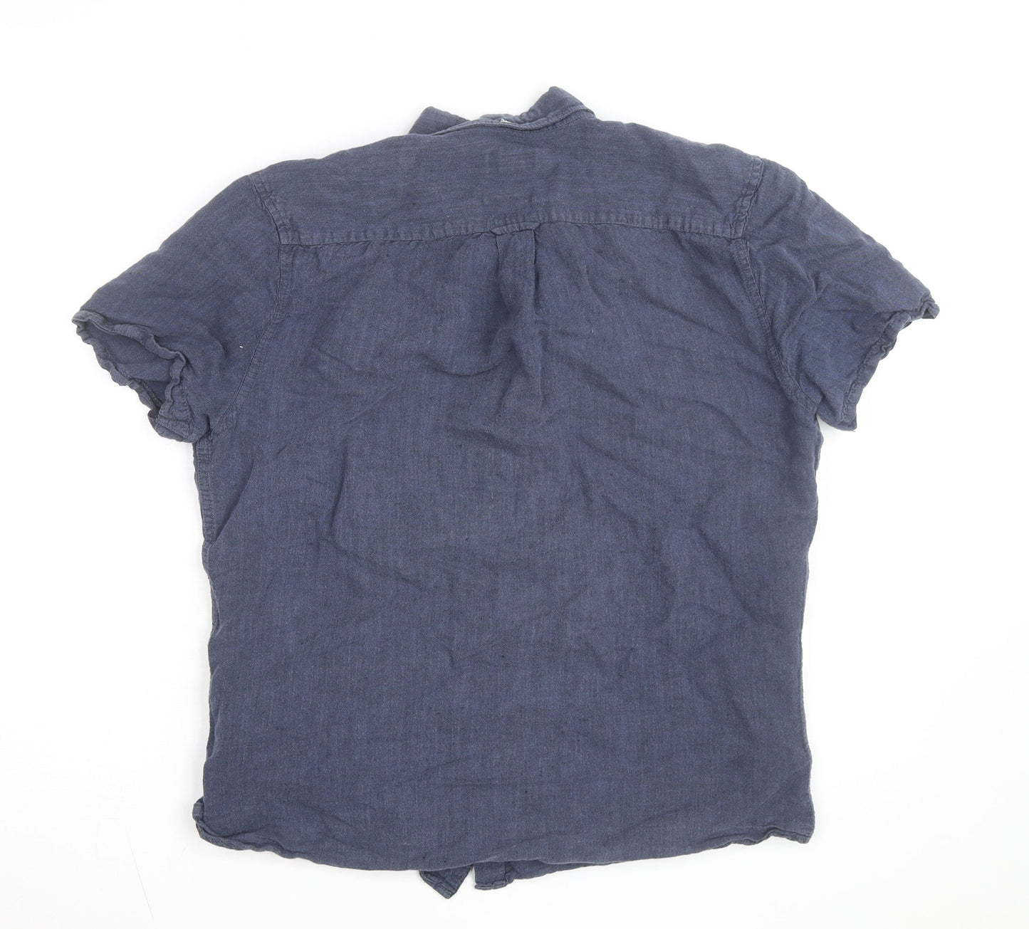 Next Women Blue Linen Cotton Short Sleeve Button-Up Shirt M
