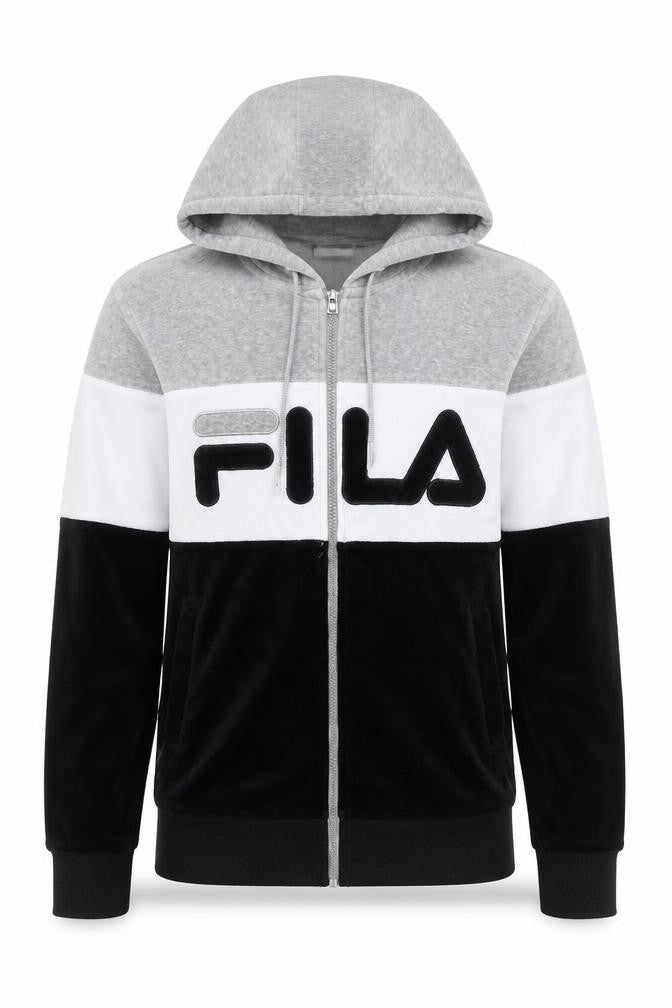 Front view of Fila Men's Grey Full Zip Logo Hoodie, size S, Sports Velour Jacket