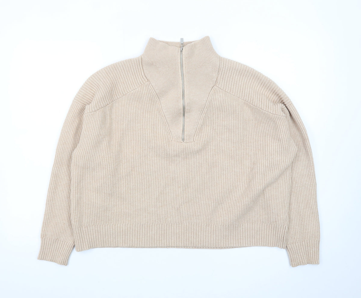 Mango Women’s Beige Wool Blend Half Zip Mock Neck Jumper Size S