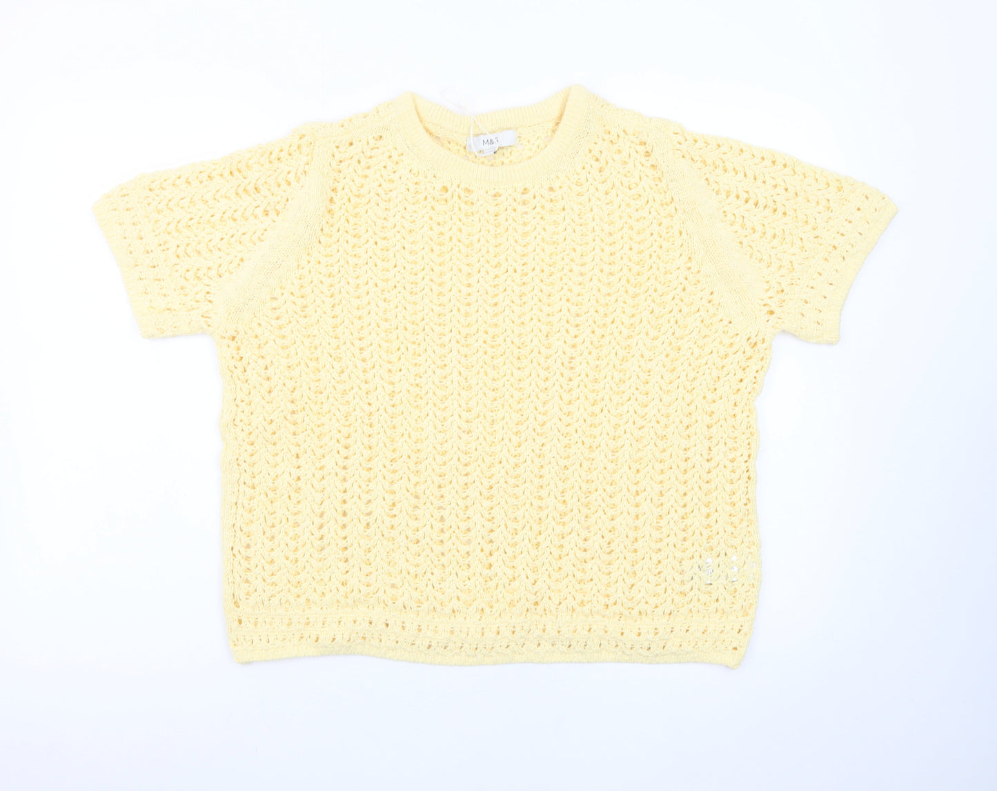 Marks and Spencer Women's Yellow Open-Knit Cotton Jumper Size L