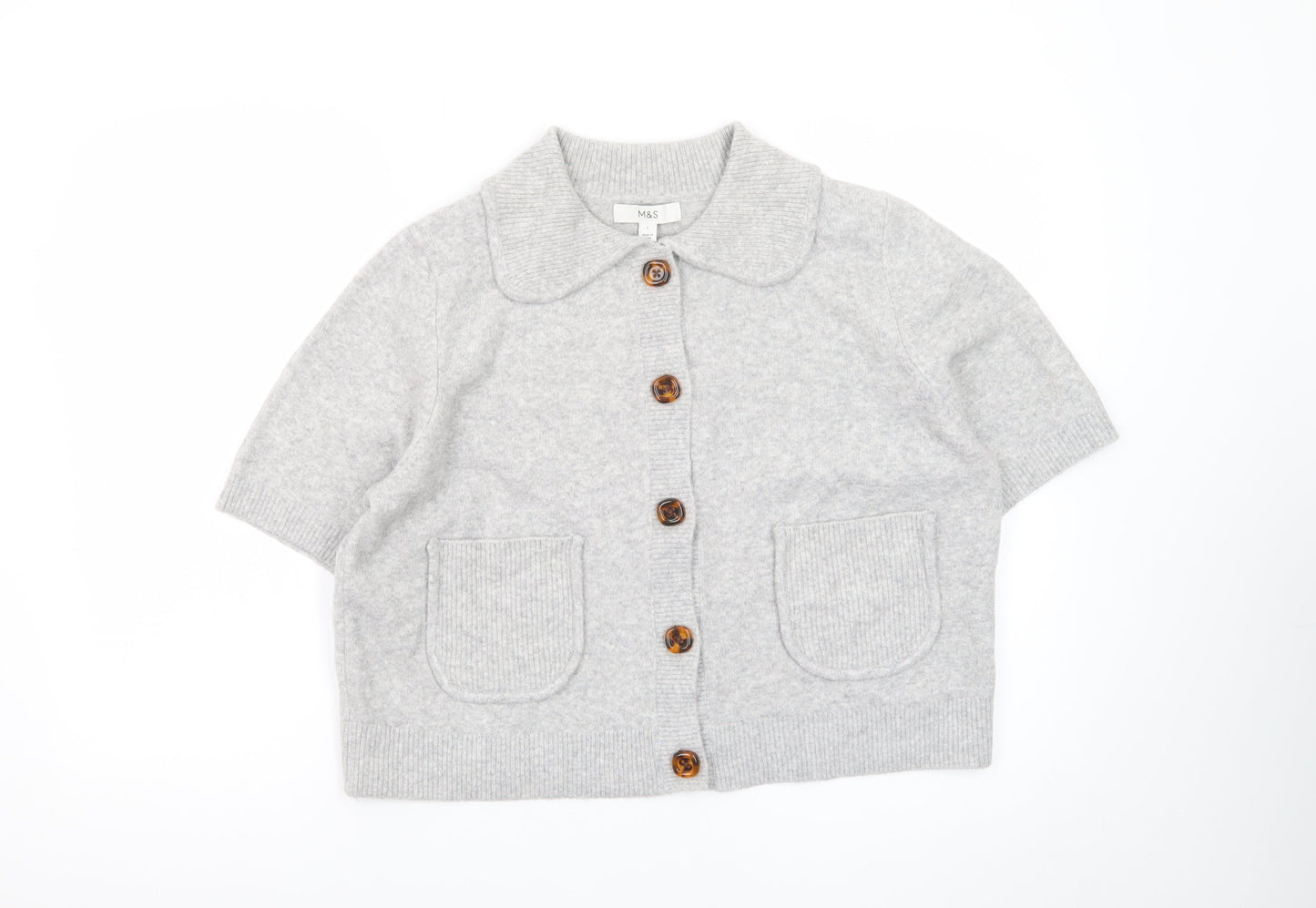 Marks and Spencer Women's Grey Collared Short Sleeve Knit Cardigan L