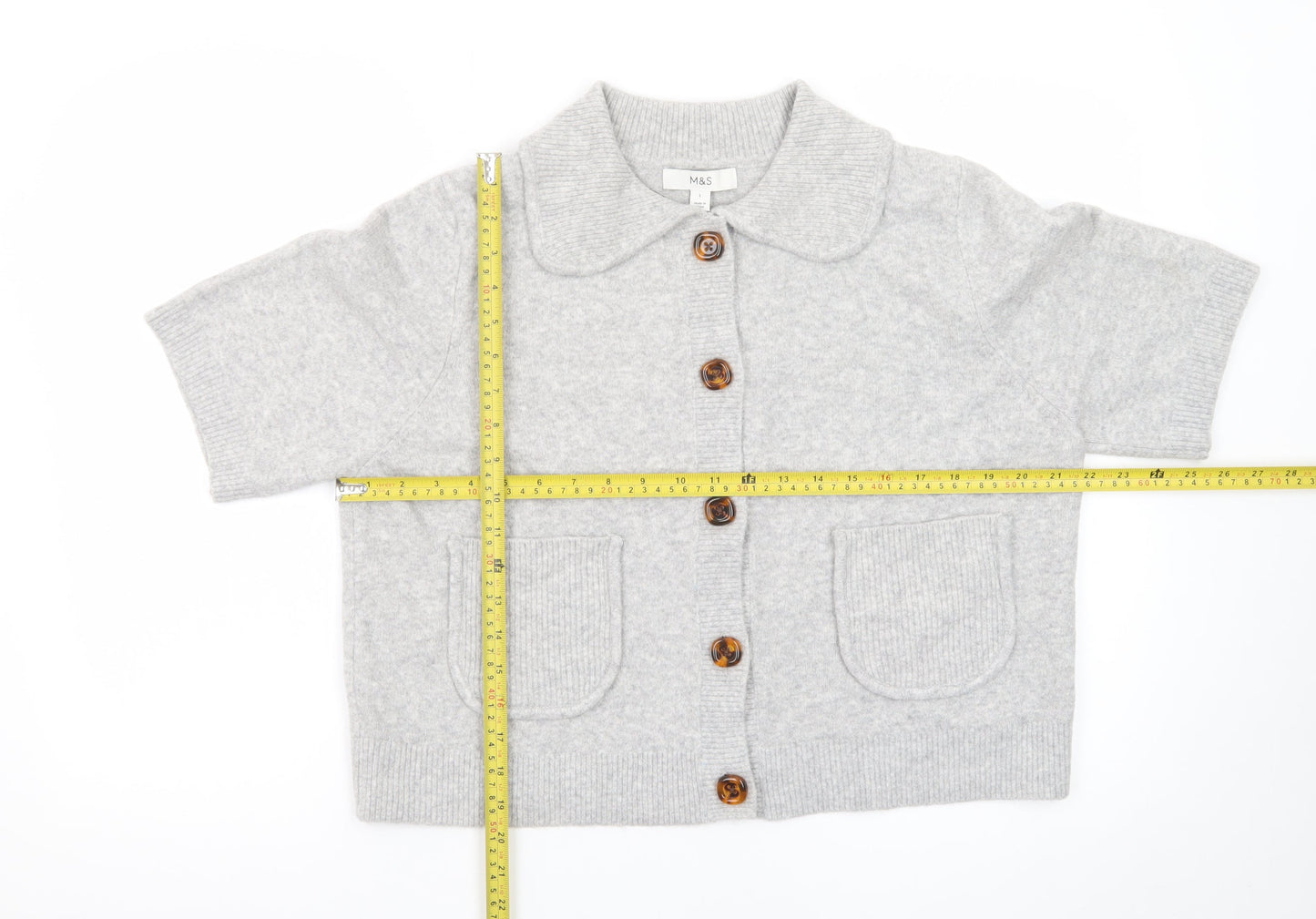 Marks and Spencer Women's Grey Collared Short Sleeve Knit Cardigan L