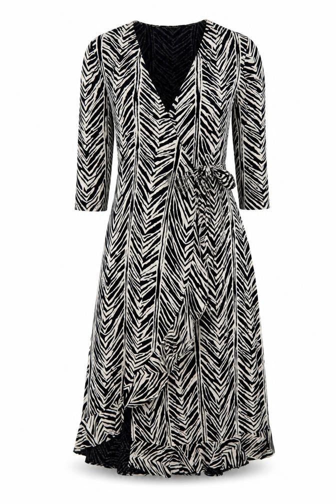 Kaliko Women's Black Animal Print Wrap Midi Dress Size 12