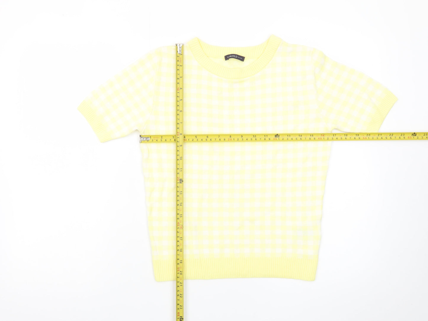 Marks and Spencer Women's Yellow Check Knit Short Sleeve Jumper Size 10