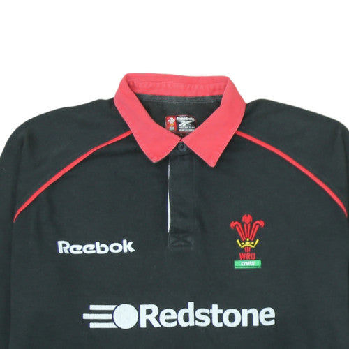 Reebok Mens Black Rugby Sweatshirt L Classic WRU Long Sleeve Henley