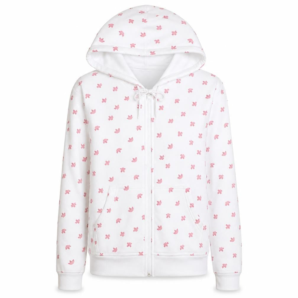 Front view of Adidas Women White Pink Full Zip Hoodie, size 12, Floral Print
