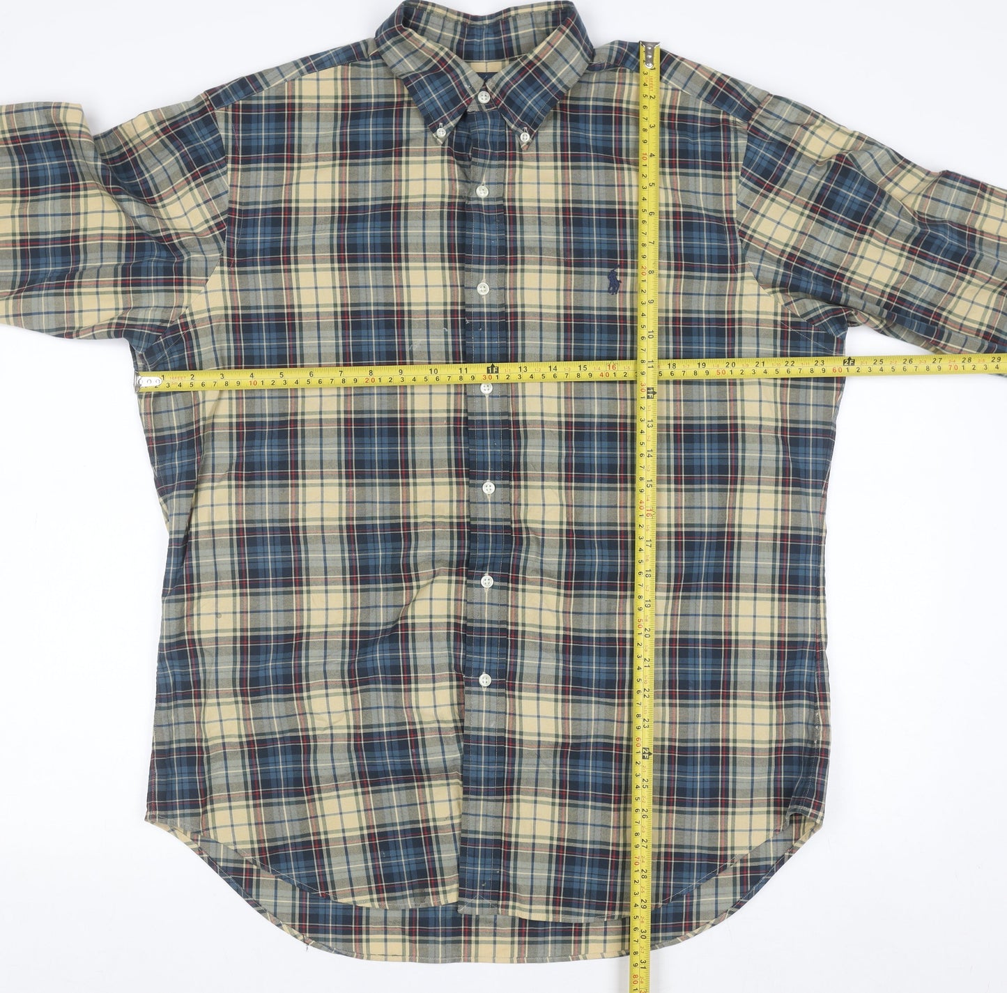 Ralph Lauren Men's Beige Blue Plaid Classic Fit Button-Up Shirt L