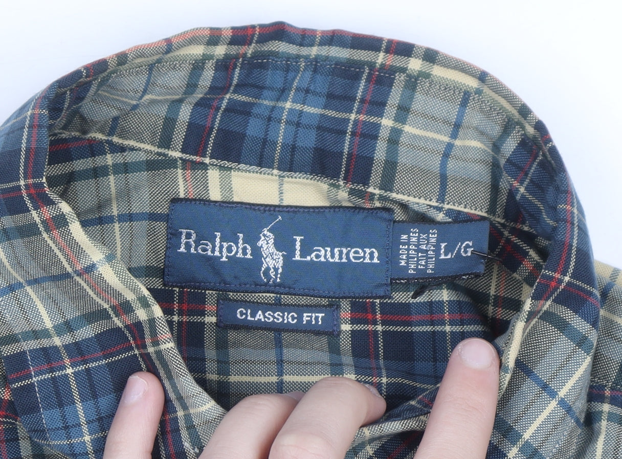 Ralph Lauren Men's Beige Blue Plaid Classic Fit Button-Up Shirt L