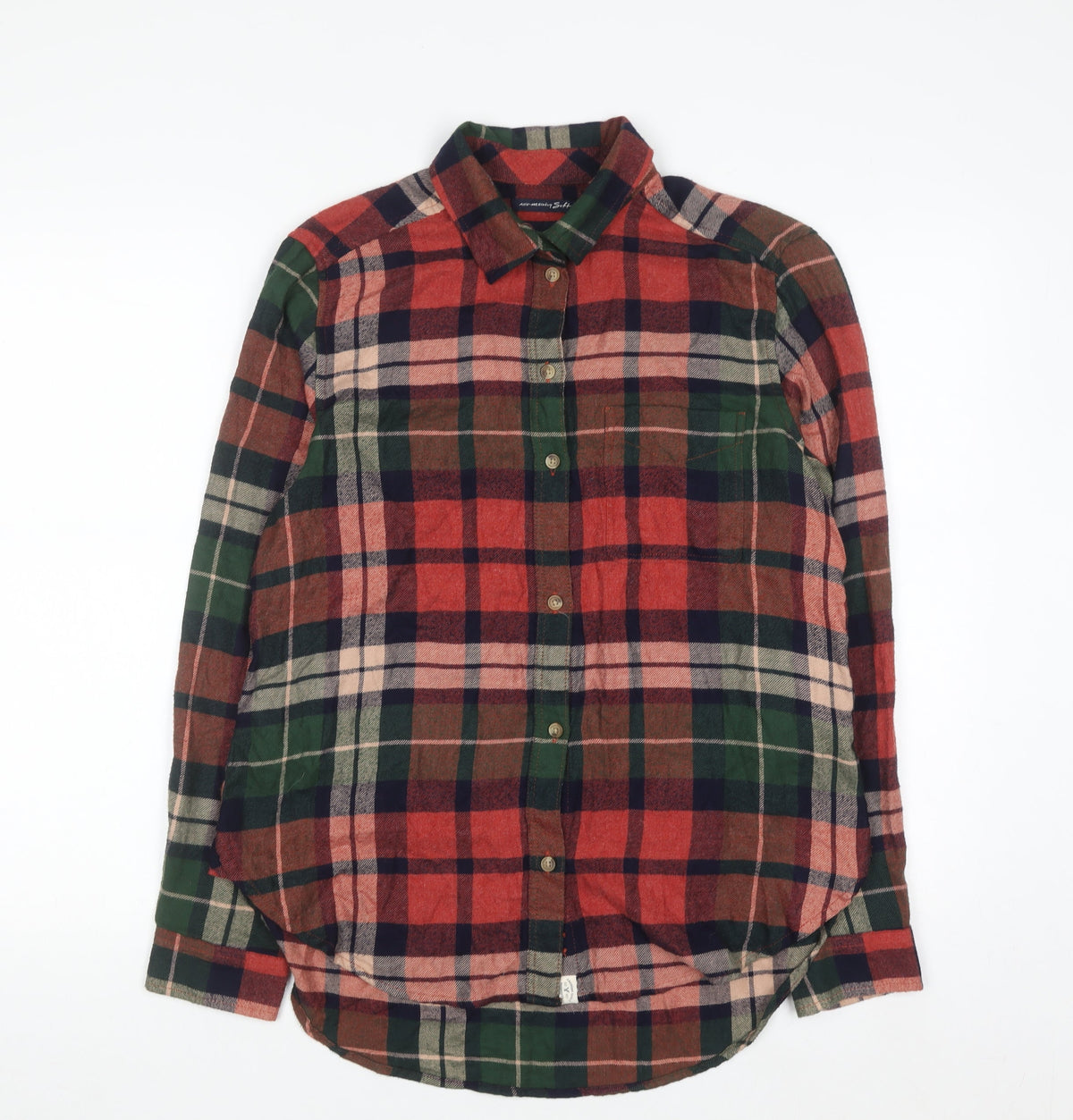 American Eagle Men Red Green Plaid Flannel Button-Up Shirt Medium