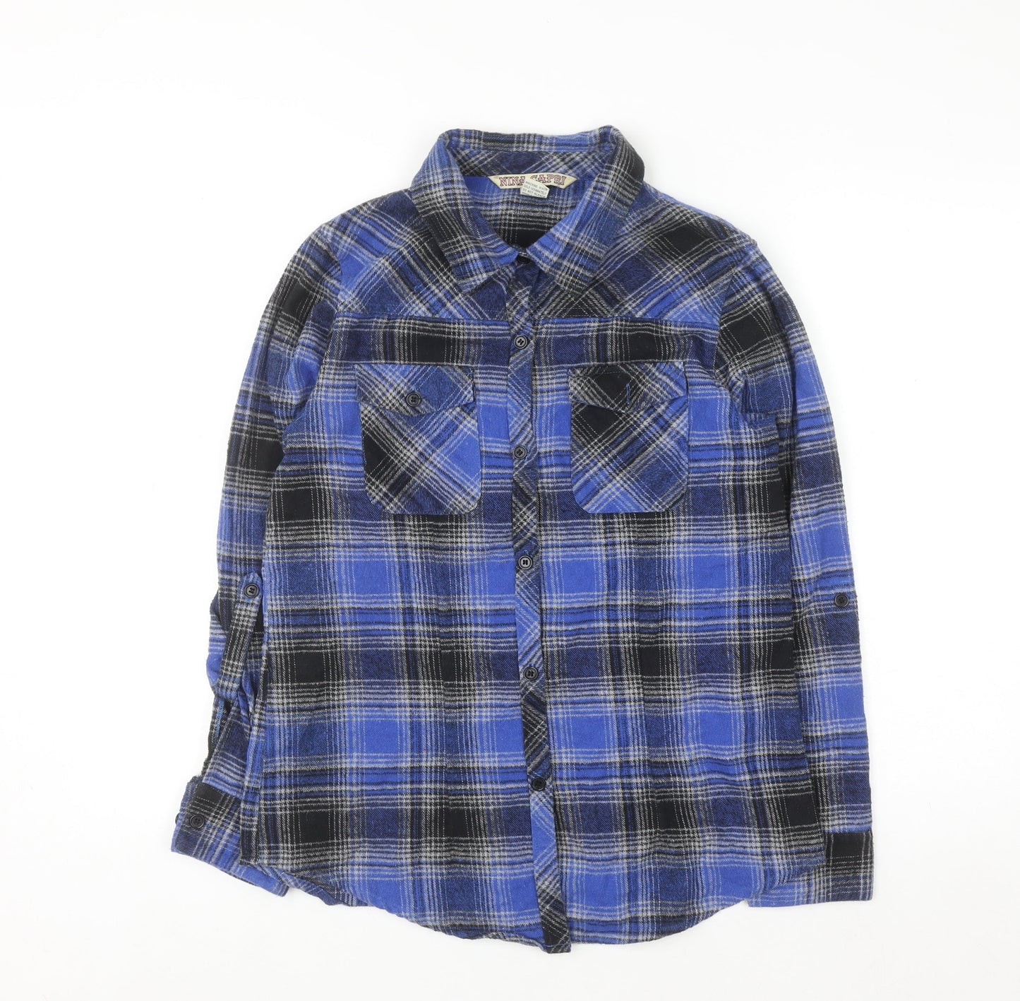 Nina Capri Women's Blue Checked Flannel Cotton Button-Up Shirt Size M