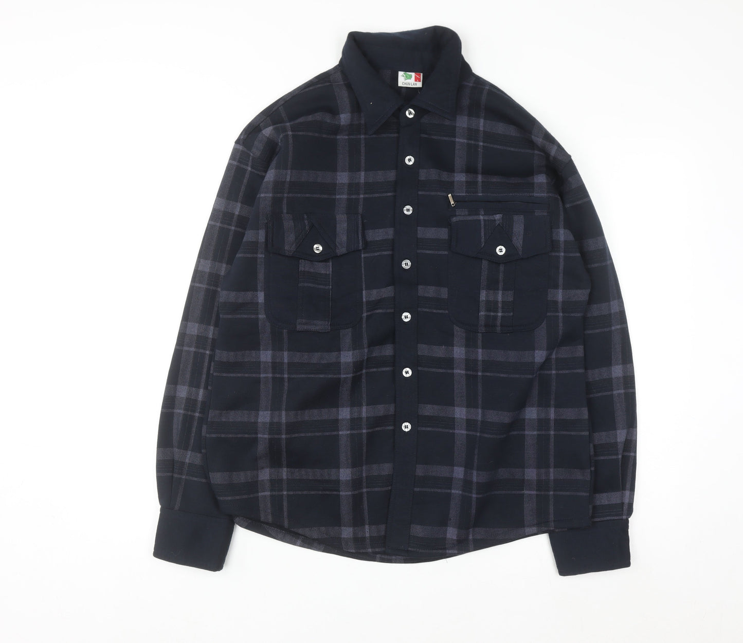 CHUN LAN Men's Blue Check Flannel Button-Up Shirt Size L