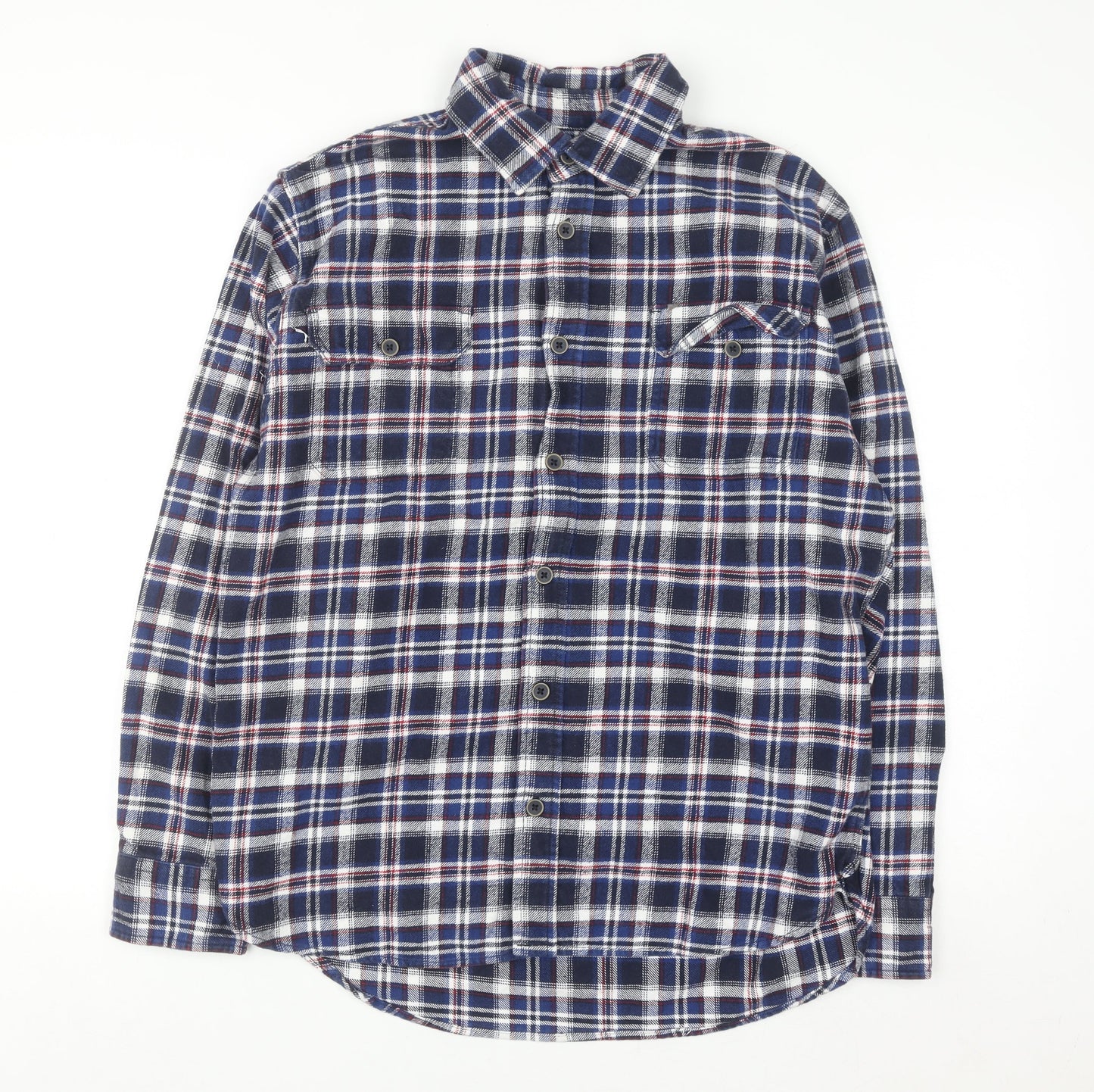 JACHS Men's Blue Plaid Flannel Button-Up Long Sleeve Shirt L