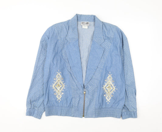 City Girl by Nancy Bolen Women’s Blue Embroidered Cotton Bomber Jacket Size 10