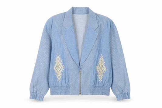 City Girl by Nancy Bolen Women’s Blue Embroidered Cotton Bomber Jacket Size 10