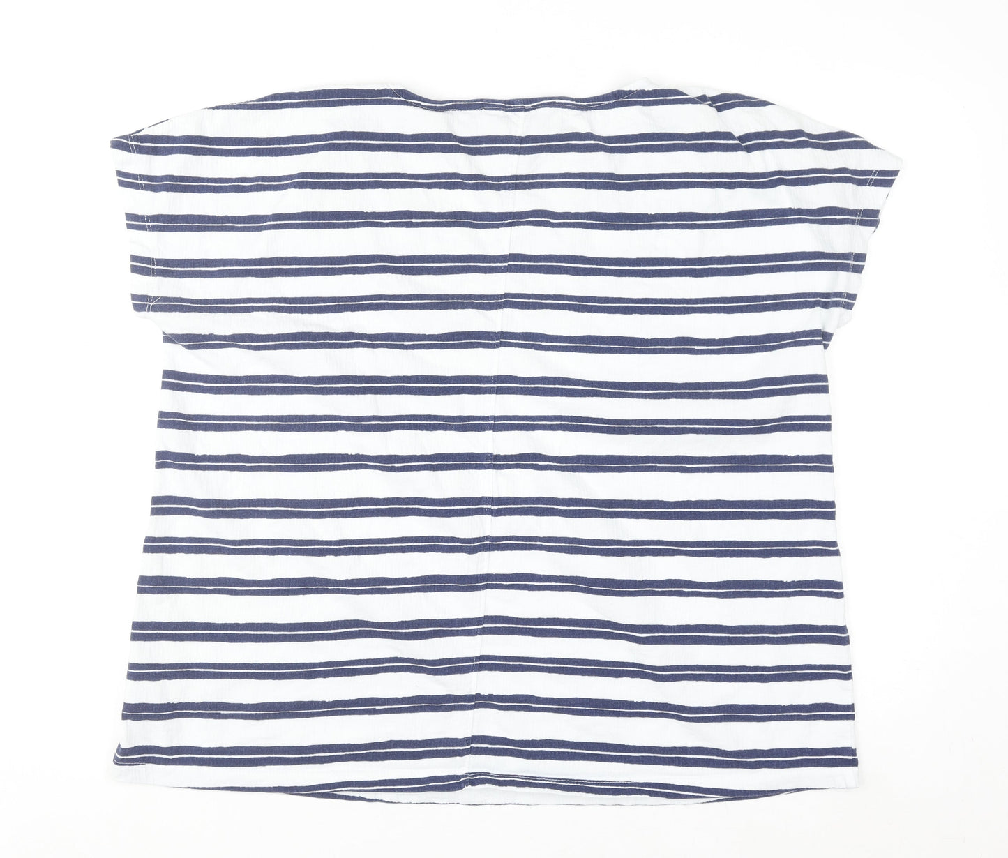 Lands' End Women White Navy Striped Short Sleeve Cotton T-Shirt L