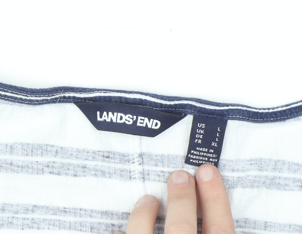 Lands' End Women White Navy Striped Short Sleeve Cotton T-Shirt L