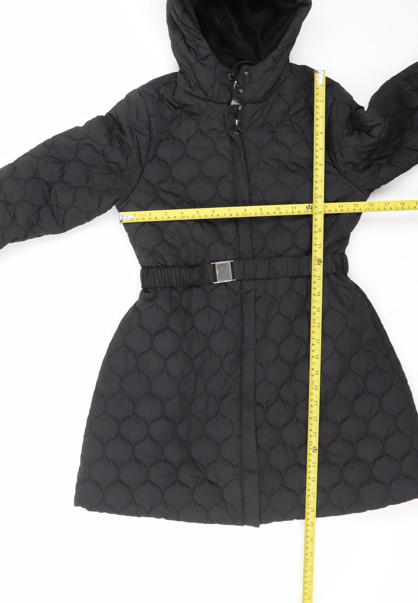 Monsoon Teens Black Quilted Hooded Belted Long Puffer Coat Size 10