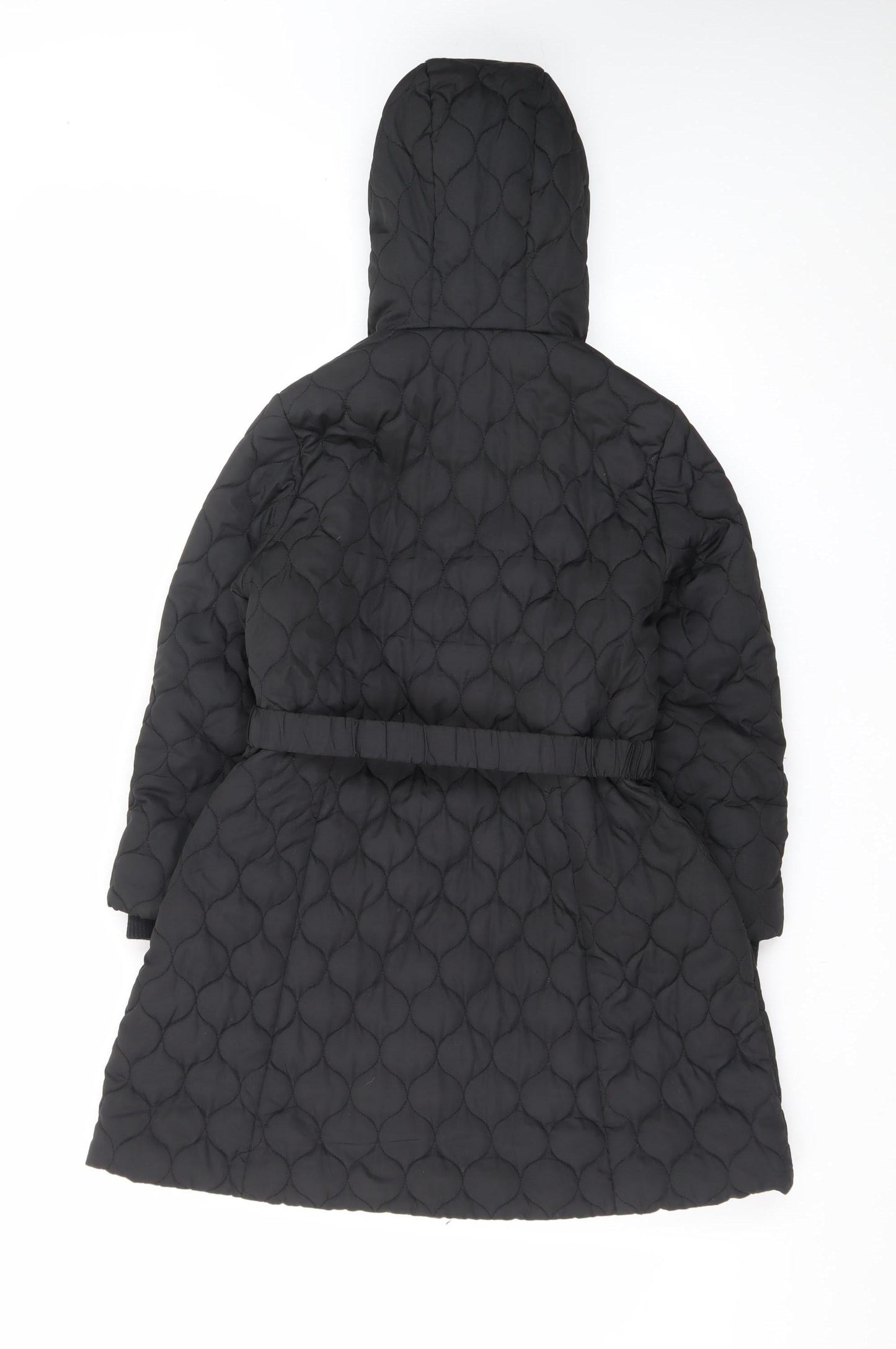 Monsoon Teens Black Quilted Hooded Belted Long Puffer Coat Size 10