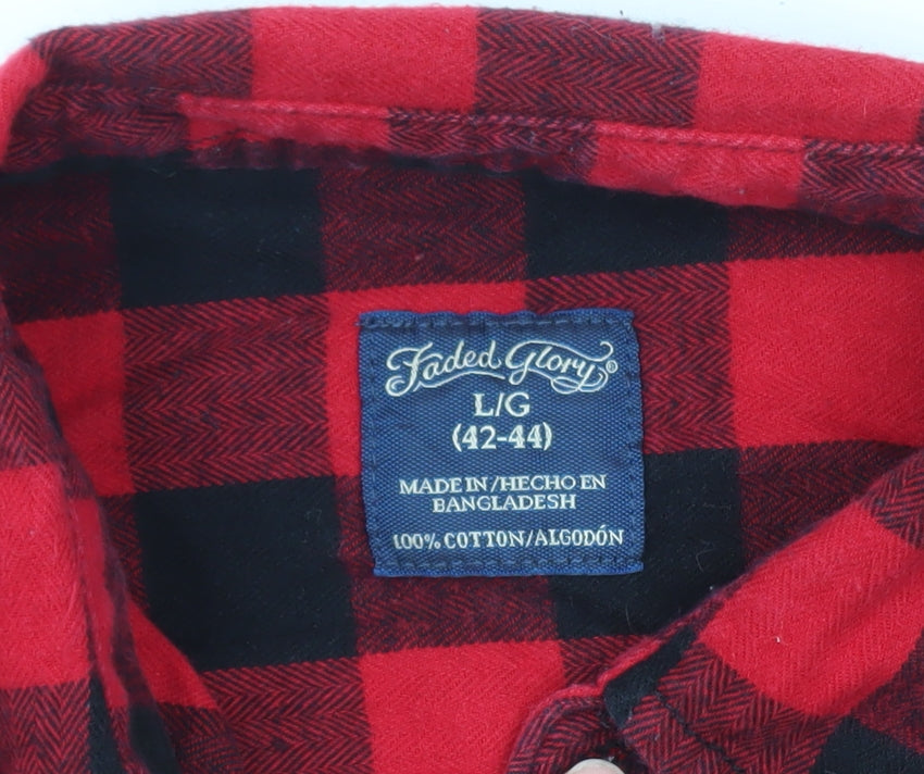 Faded Glory Men's Red Black Check Flannel Long Sleeve Button-Up Shirt L
