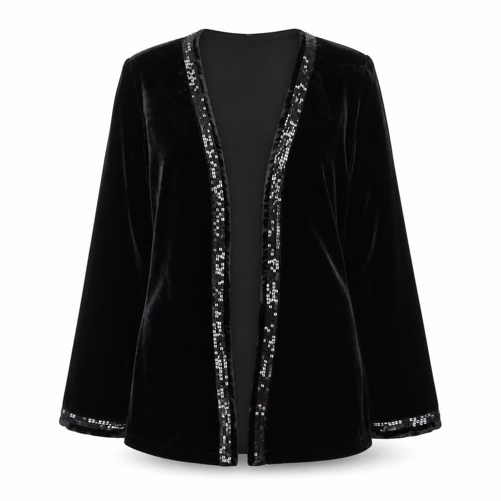 Quacker Factory Women Black Velvet Sequin Trim Tuxedo Blazer M