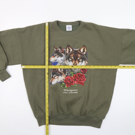 Oceanic Classic Women's Green Wolf Print Pullover Sweatshirt Size S