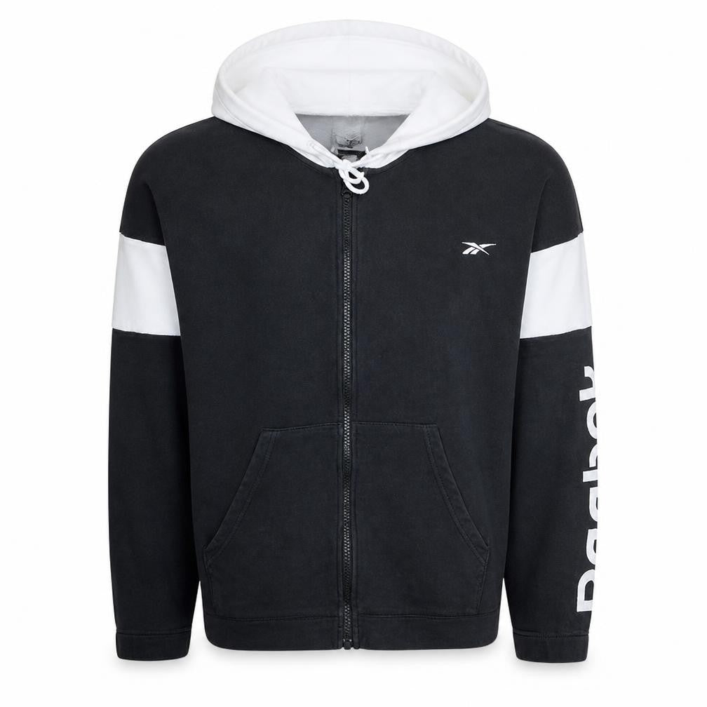 Reebok Men's Black Full Zip Hoodie L Graphic Print Hooded Sweatshirt