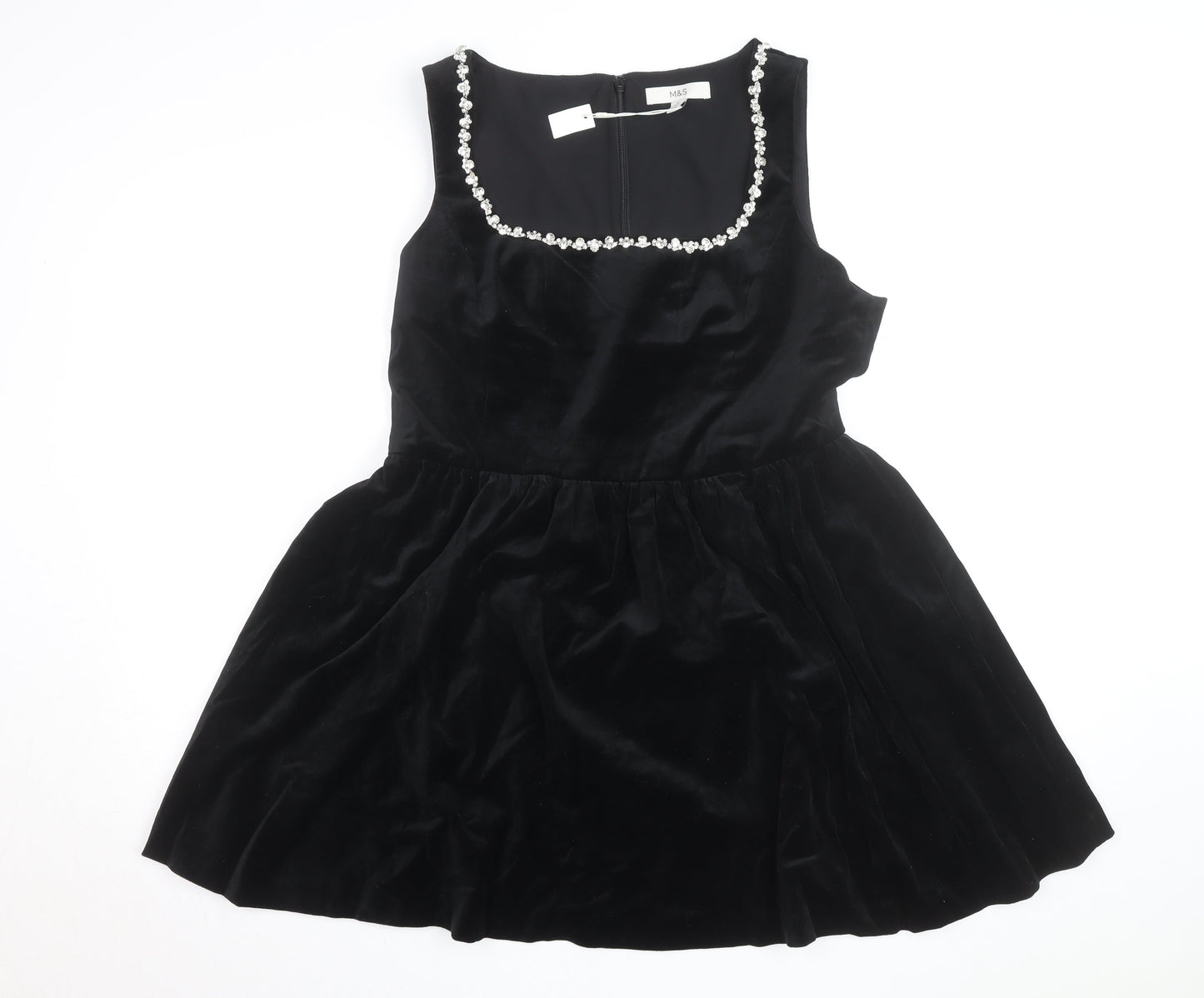 Marks and Spencer Women's Black Velvet Fit & Flare Beaded Dress Size 16