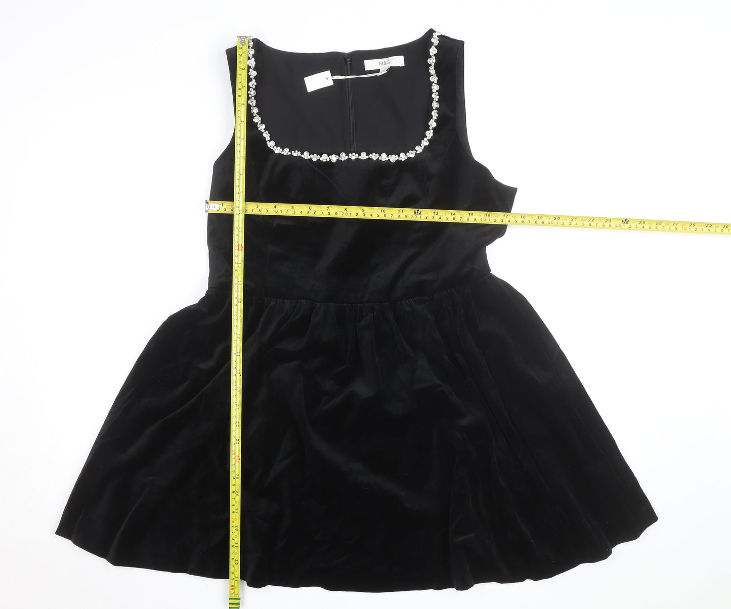 Marks and Spencer Women's Black Velvet Fit & Flare Beaded Dress Size 16