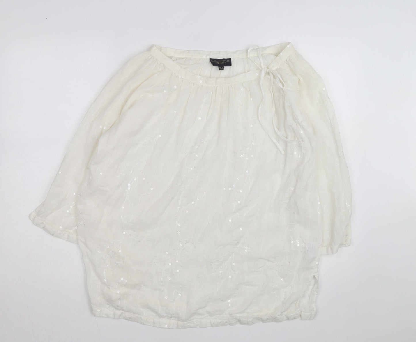 Paul Costelloe Women Ivory Linen Sequin Peasant Blouse Size 18