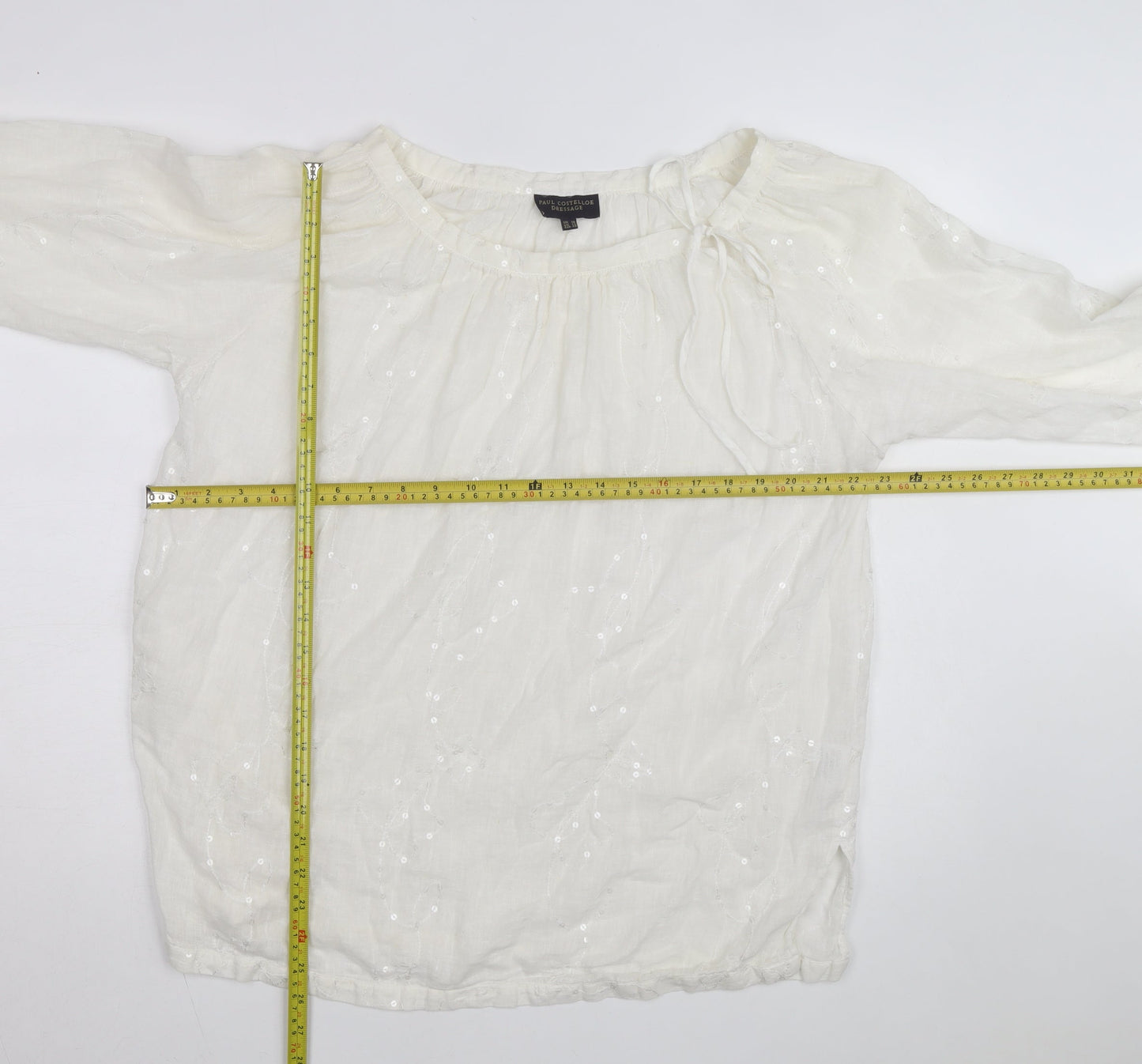 Paul Costelloe Women Ivory Linen Sequin Peasant Blouse Size 18
