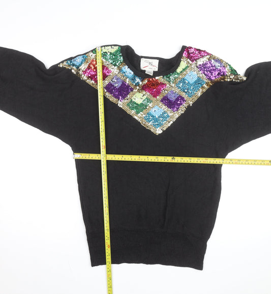 SML Sport LTD Women Black Sequin Geometric Knit Jumper Size S Vintage
