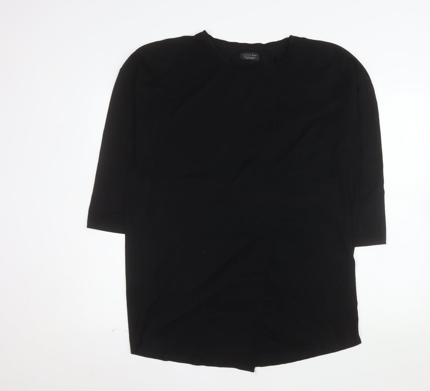 Zara Man Black 3/4 Sleeve Cotton Crew Neck Men's T-Shirt M