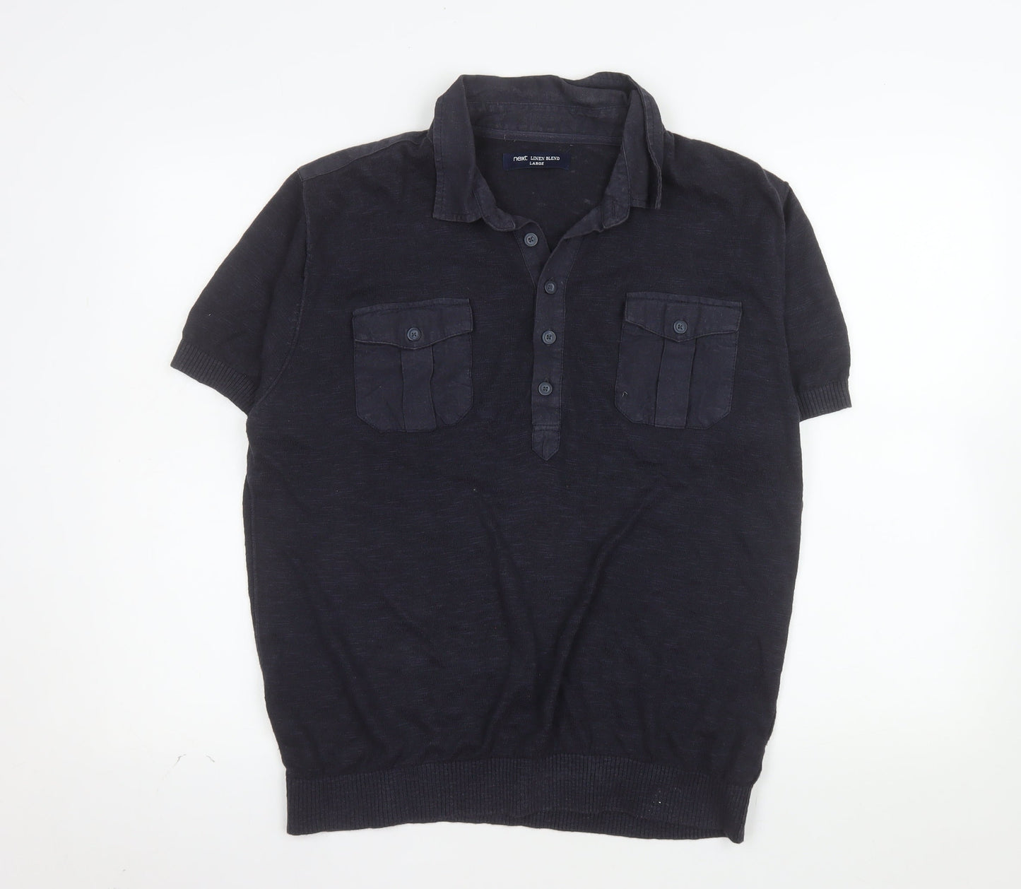Next Men's Blue Linen Blend Henley Jumper Large Short Sleeve