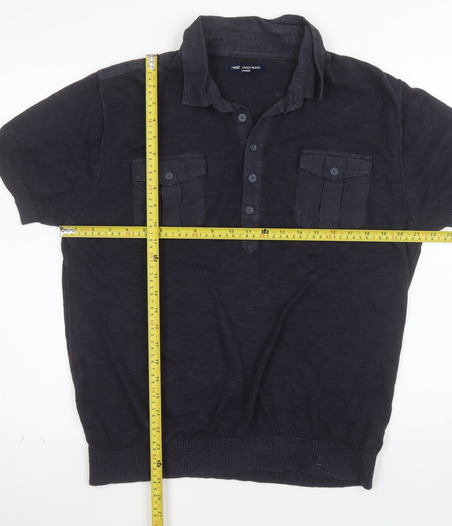 Next Men's Blue Linen Blend Henley Jumper Large Short Sleeve
