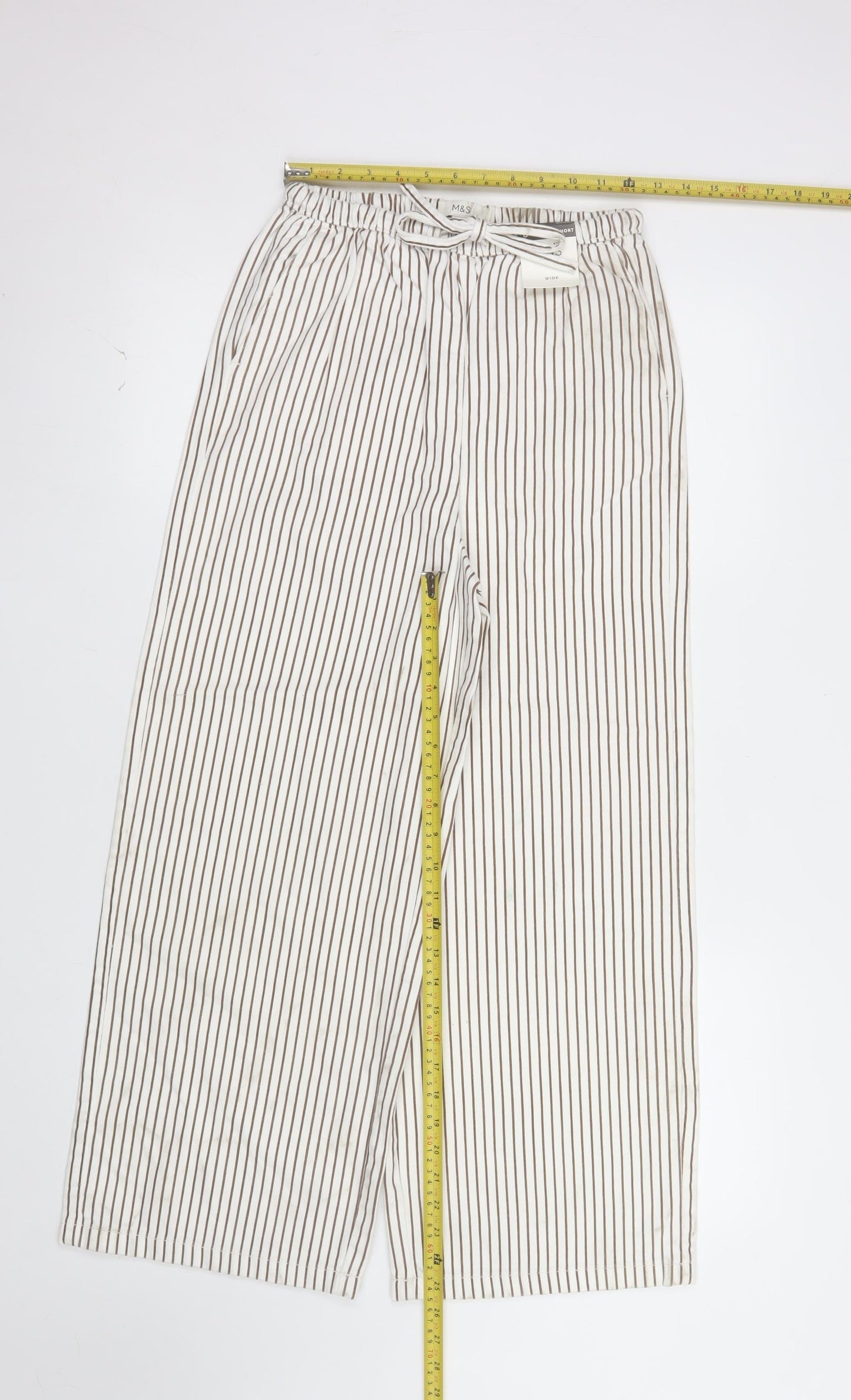 Marks and Spencer Women’s White Striped Wide-Leg Trousers Size 8 Short