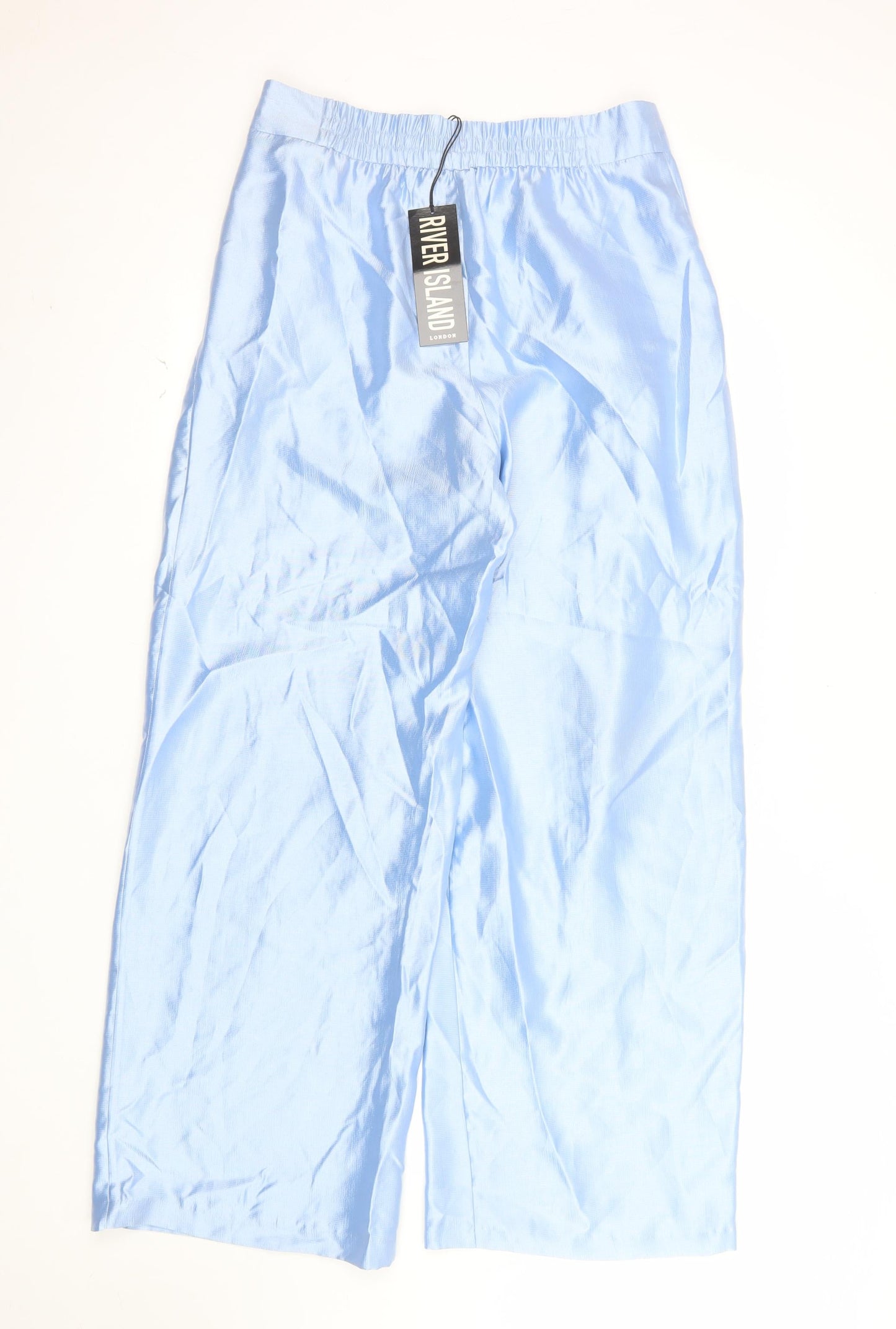 River Island Womens Blue Wide-Leg Cropped Pleated Satin Trousers Size 10