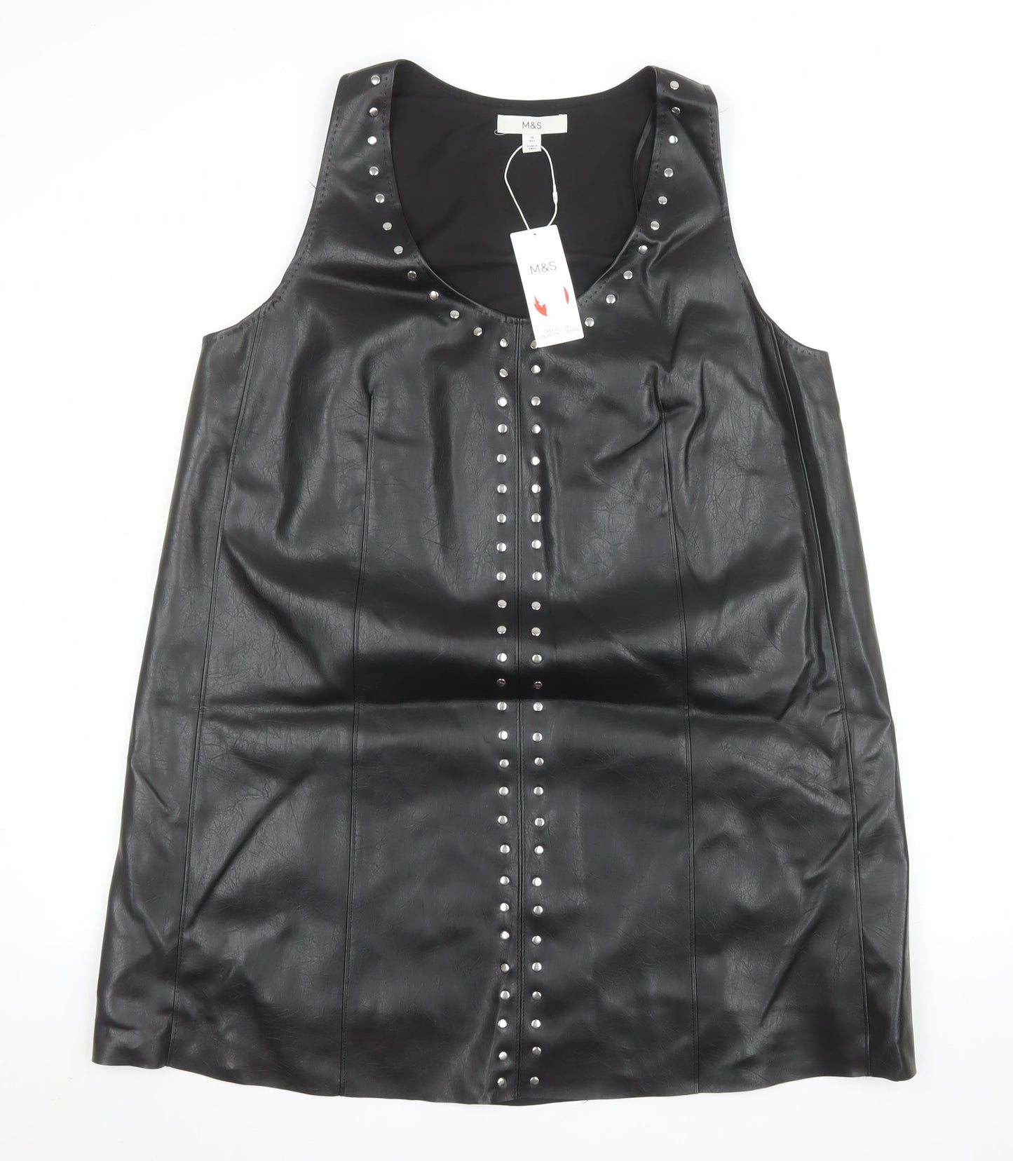 Marks and Spencer Women's Black Studded Faux Leather Shift Dress Size 16