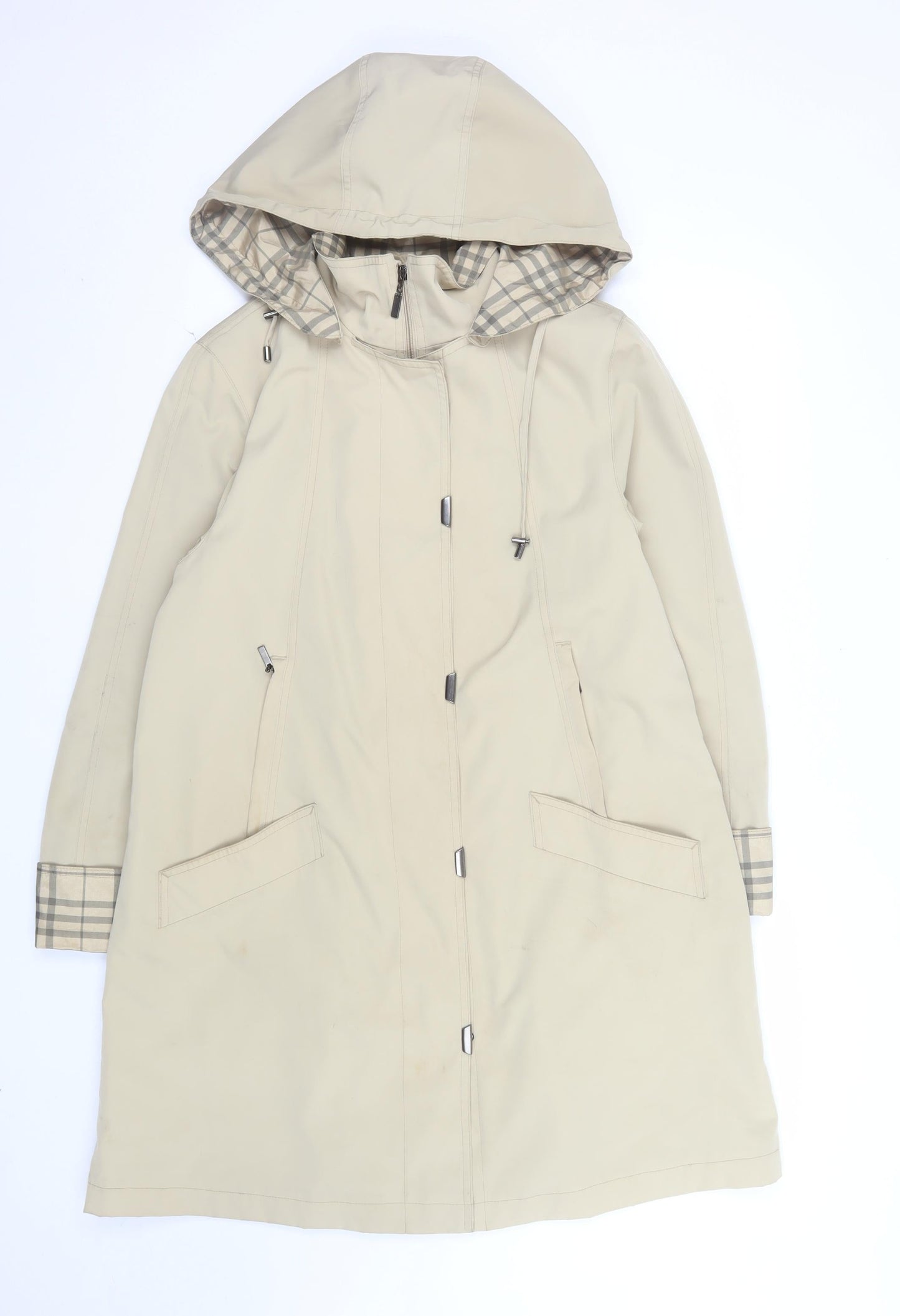 Jacques Vert Women Beige Rain Coat Hooded Long Check Lined Size M
