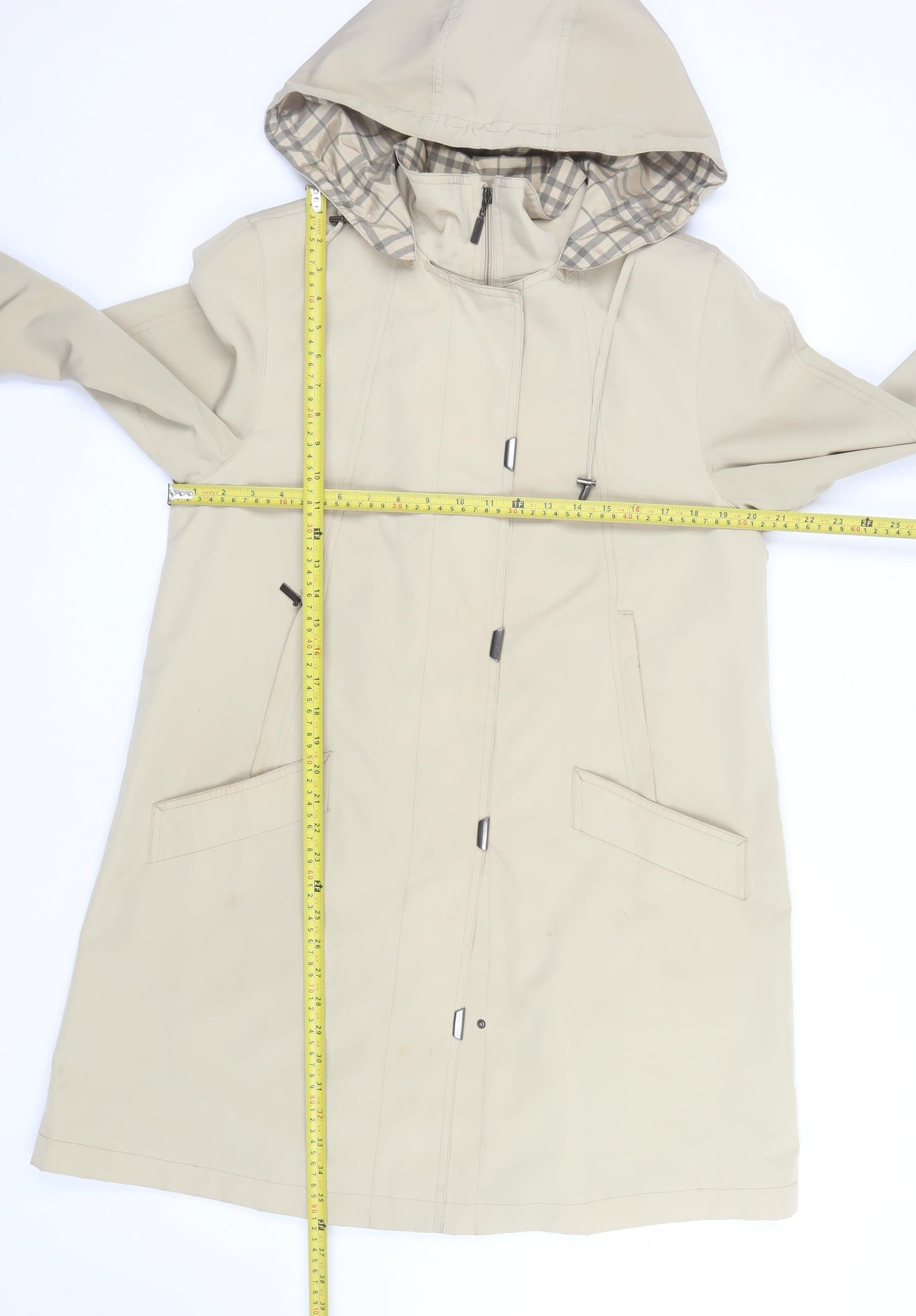 Jacques Vert Women Beige Rain Coat Hooded Long Check Lined Size M